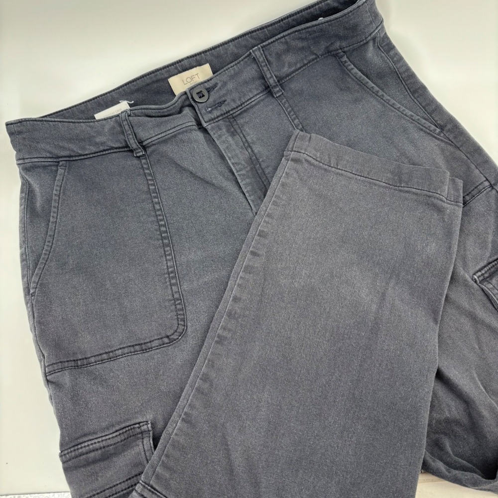 Loft Womens Straight Crop Pants 10 Gray Cargo Pocket Stretch High Rise Grunge